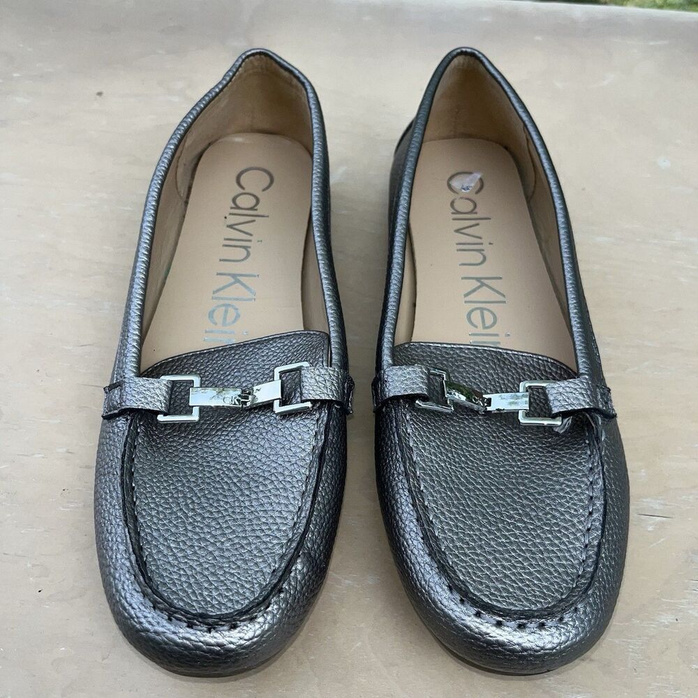 Calvin Klein Women’s Loafers Flats Shoes Pewter 9.5 M Pebbled Faux Leather